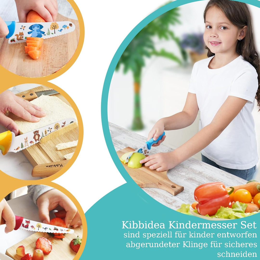 Kibbidea Kindermesser-Set 4-teilig, Küchenmesser für Kinder ab 3 Jahren, Edelstahl, Abgerundete Klin