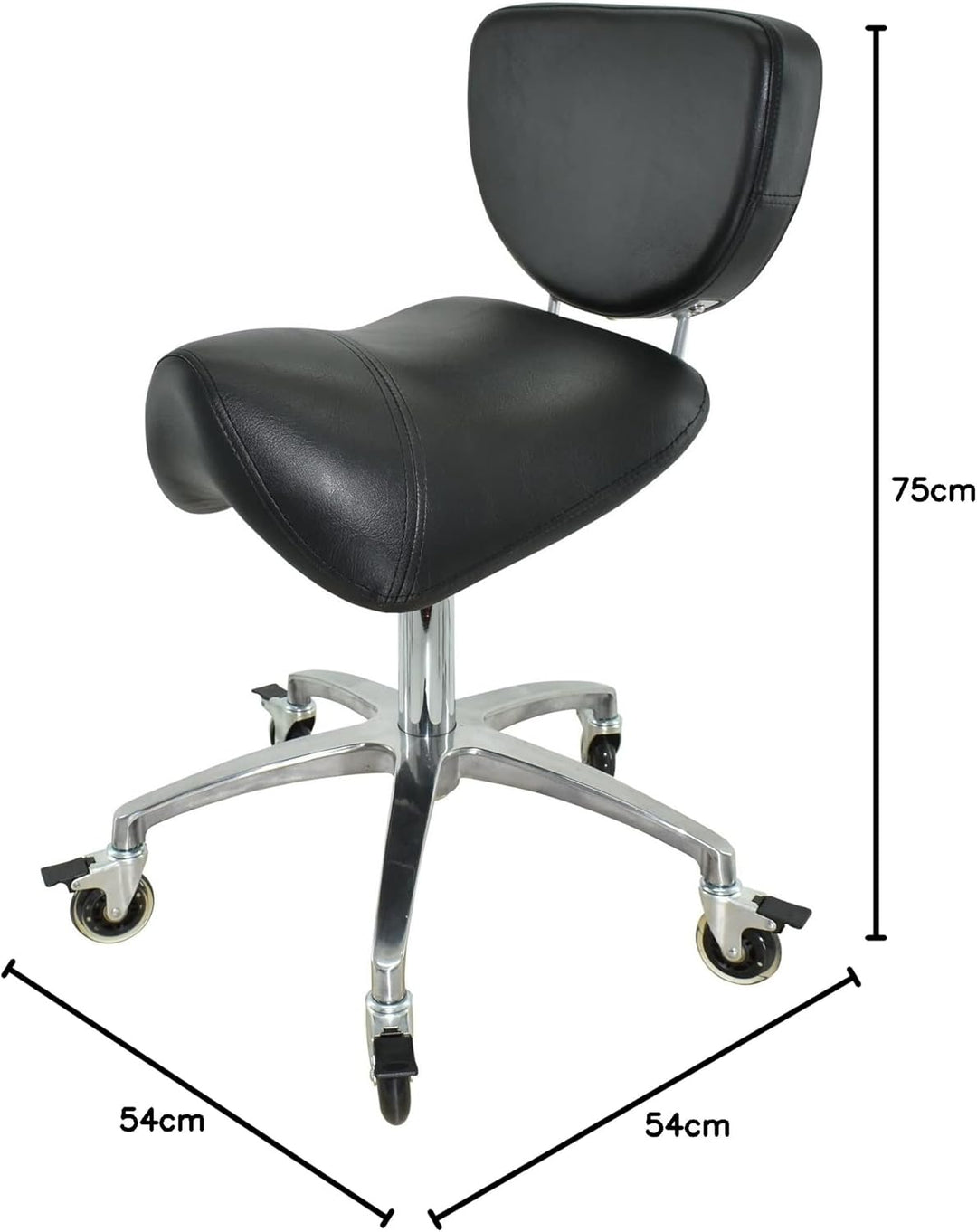 Premium Sattelhocker schwarz mit Bremse und Lehne, Sattelstuhl für Rückenentlastung, Rollhocker höhe