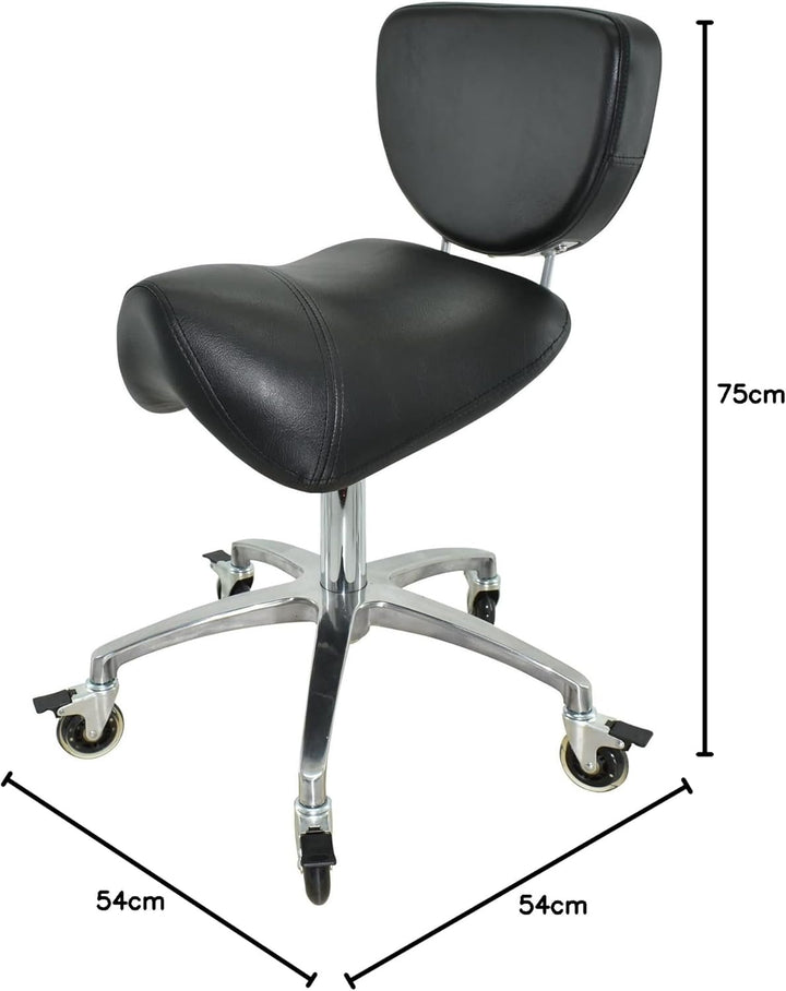 Premium Sattelhocker schwarz mit Bremse und Lehne, Sattelstuhl für Rückenentlastung, Rollhocker höhe