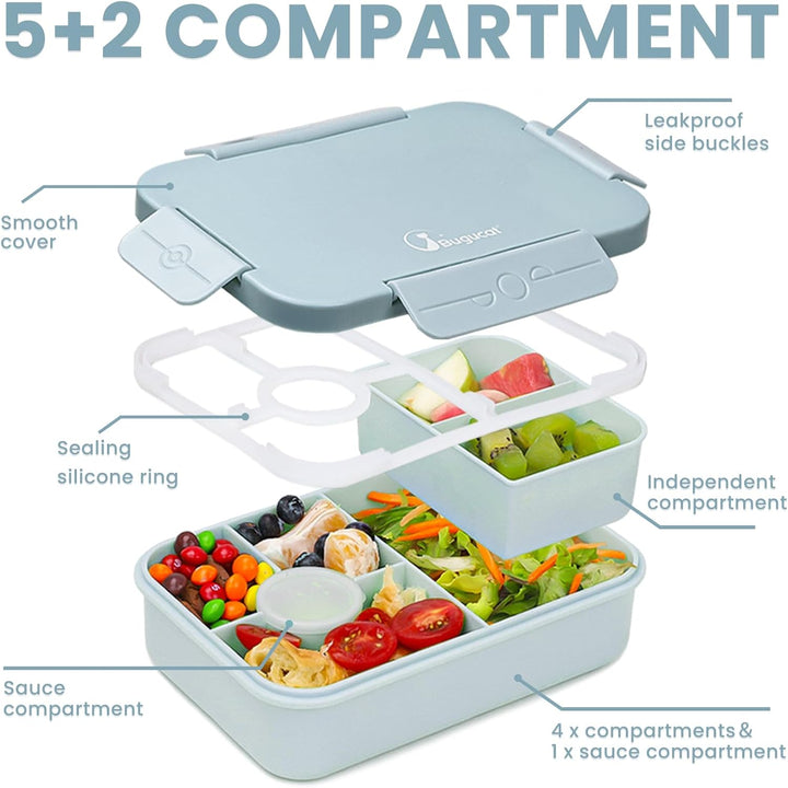 Bugucat Brotdose Kinder mit Fächern 1300ML, Auslaufsicher Lunchbox Kinder, Bento Box mit Besteckset,