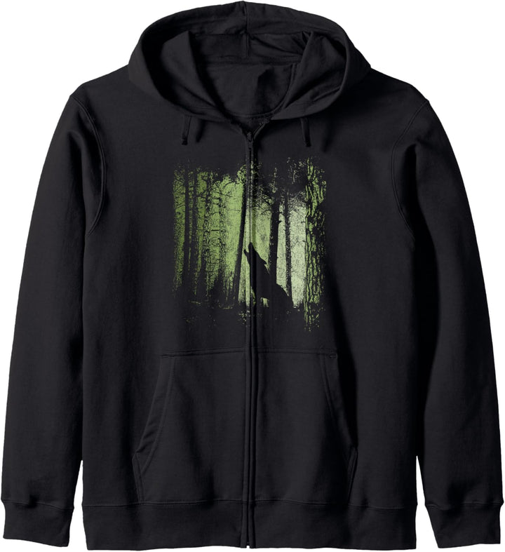 Dämmerung Zwielicht Wald heulender Wolf Silhouette Kapuzenjacke