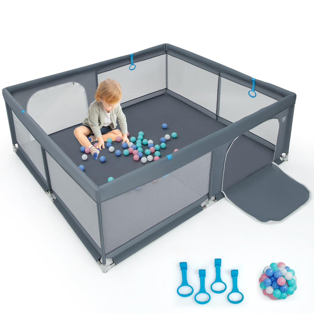GOPLUS 200x180cm Baby Laufstall, Laufgitter mit Matratze, 4 Handringe & 50 Spielbällen, Krabbelgitte