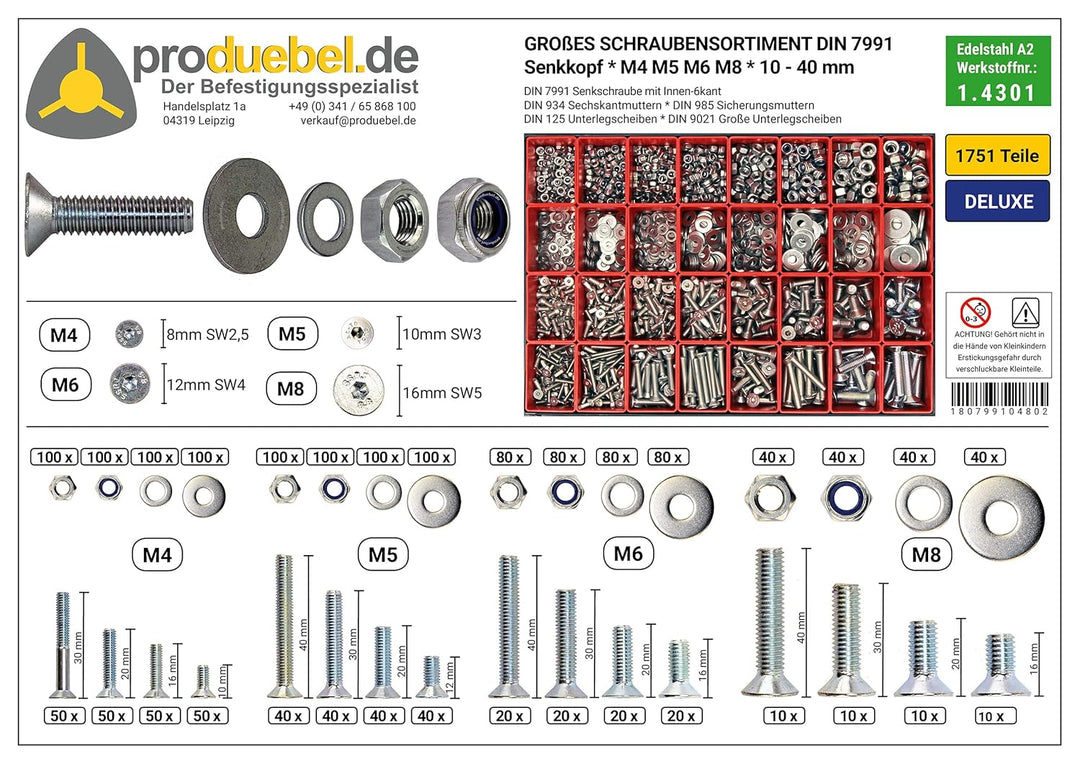 Grosses Schrauben-Sortiment DIN 7991 Senkkopf M4/M5/M6/M8 Edelstahl A2 V2A (DIN 7991+934+985+125+902
