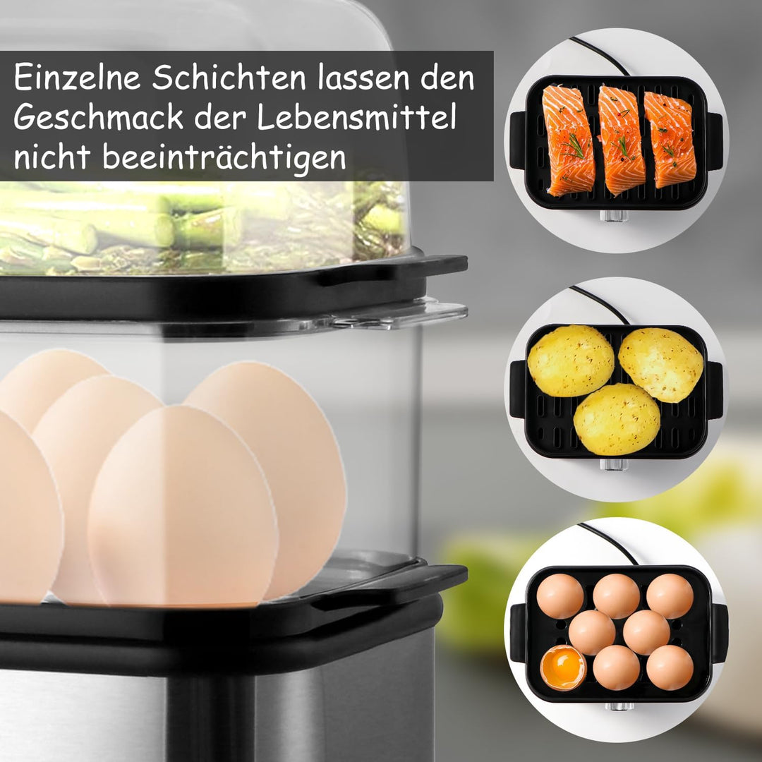 SUPERLEX 2-Schicht Eierkocher Edelstahl für bis zu 16 Eier, elektrischer Dampfgarer, mit Zeiteinstel