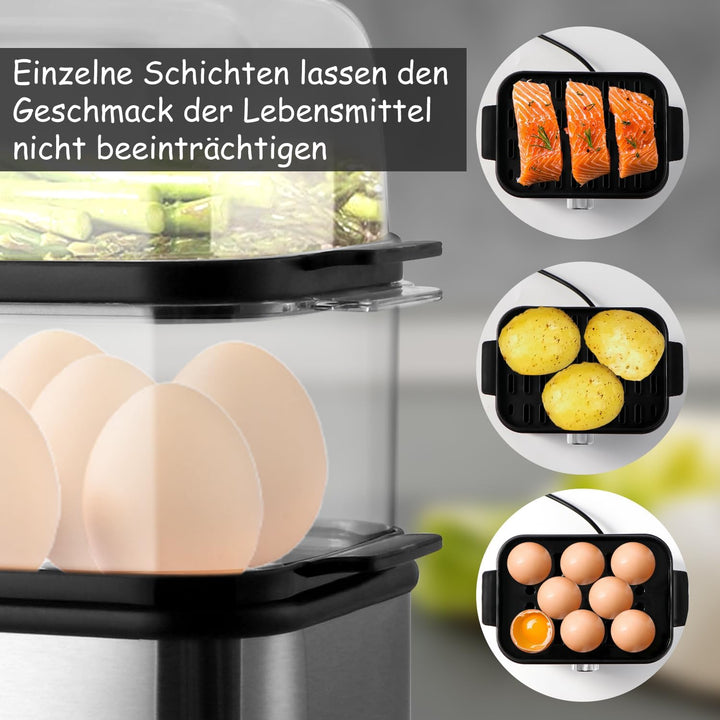 SUPERLEX 2-Schicht Eierkocher Edelstahl für bis zu 16 Eier, elektrischer Dampfgarer, mit Zeiteinstel
