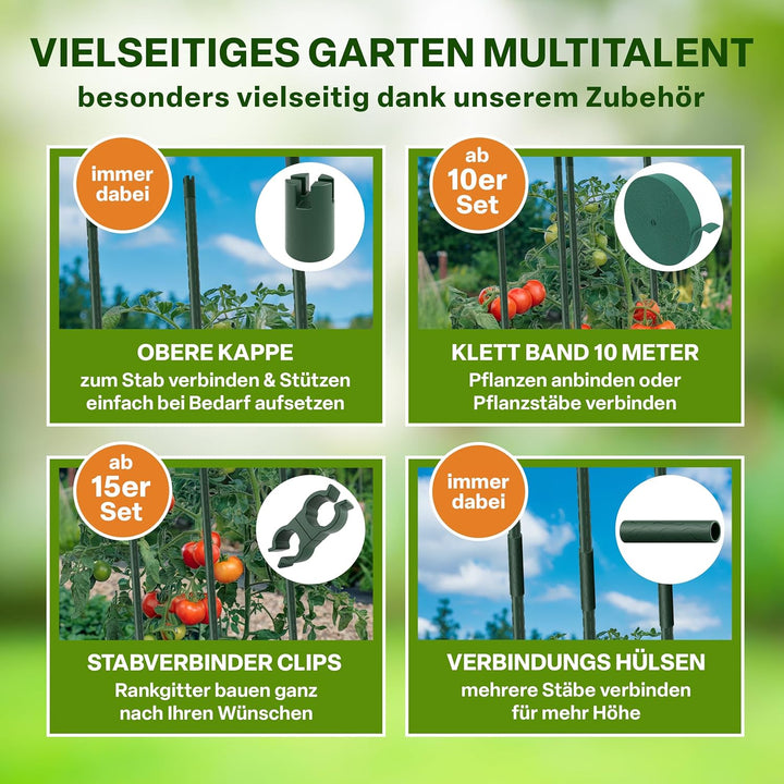 TTL GARDEN Rankstäbe 15er Set 240 cm x 11mm Ø grün + Klettband &amp; Clips | - Rankhilfe Pflanzstäbe Sta
