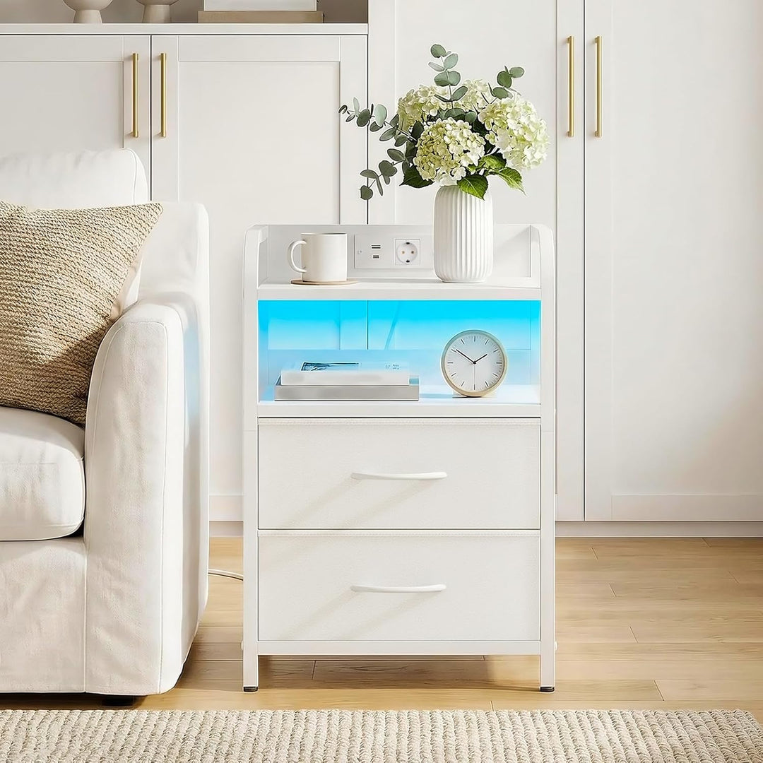 HOOBRO Nachttisch mit 2 Schubladen, Beistelltisch mit Ladestation und dimmbarer LED-Beleuchtung, Sof