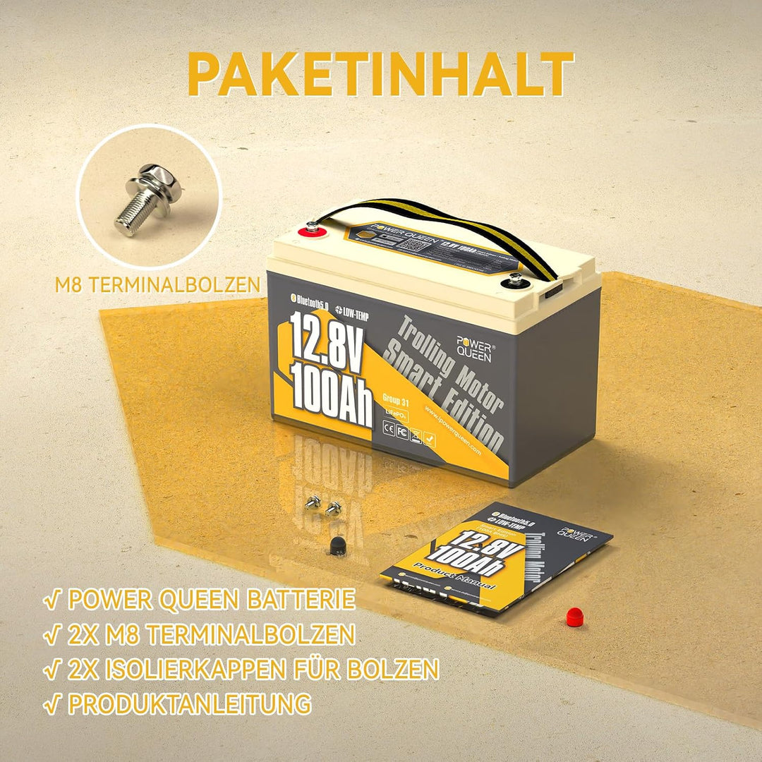 Power Queen LiFePO4 12V 100Ah Bluetooth Batterie, mit Tieftemperaturschutz und 100A BMS, Max. 15000