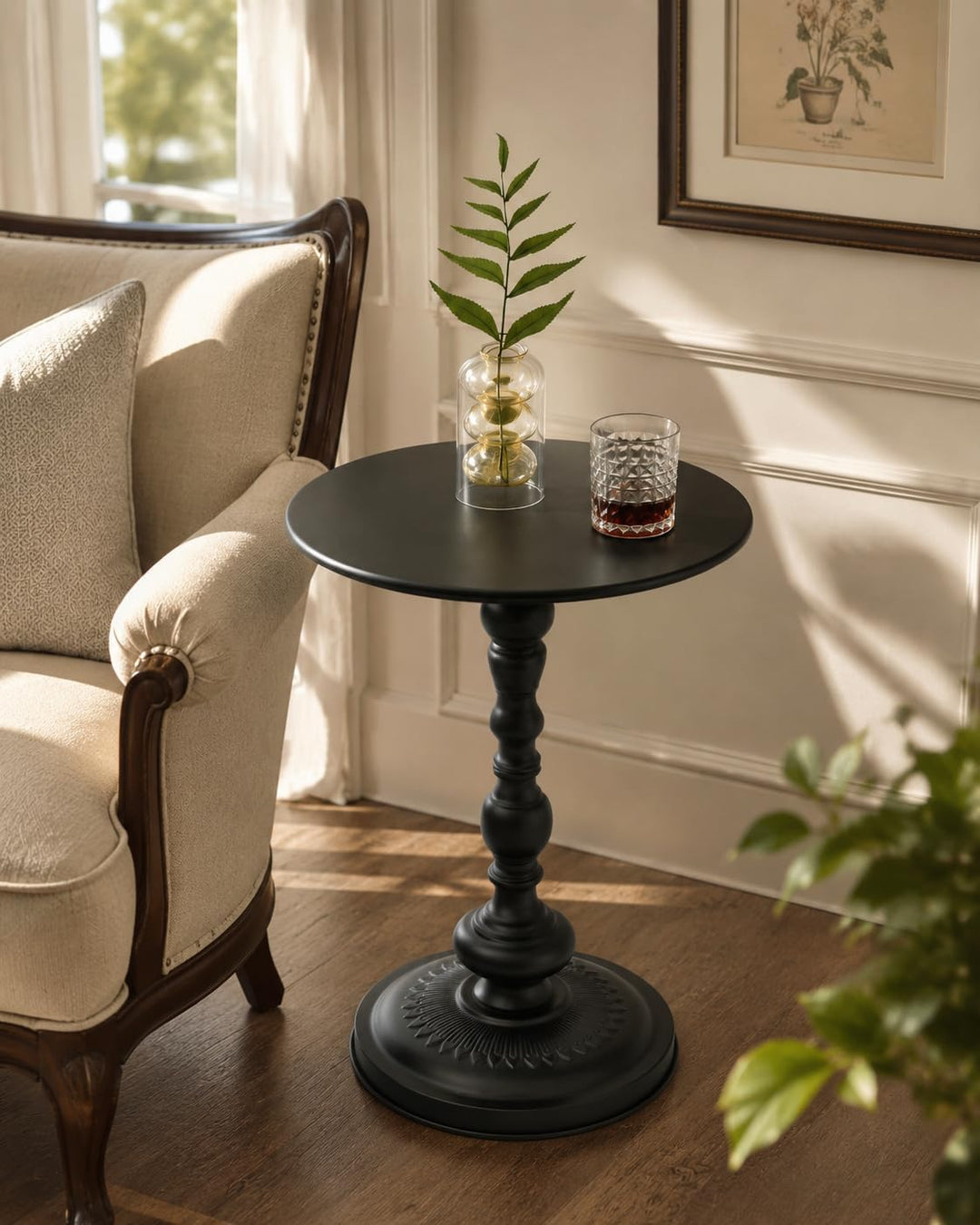 Couchtisch Schwarz Rund, 2er Set Beistelltisch Rund für Wohnzimmer, Vintage Sofatisch, Kleiner Beist