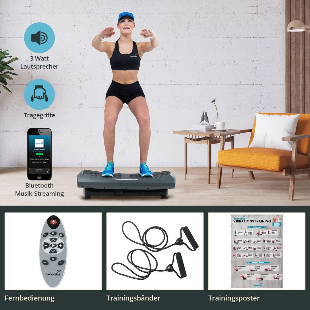 Skandika 4D Vibrationsplatte V2000 Grau | 4D Vibration bis zu 35 Hz, Curved Technology, Bluetooth-La