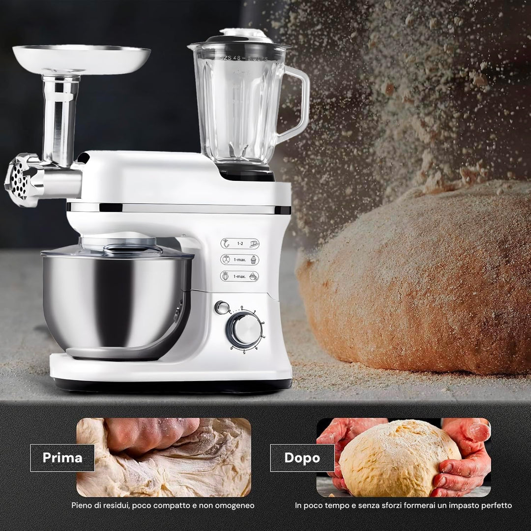 Avilia Planetarische Küchenmaschine mit Fleischwolf und Mixer aus Edelstahl 6,5 l 1900 W – 360° Rühr