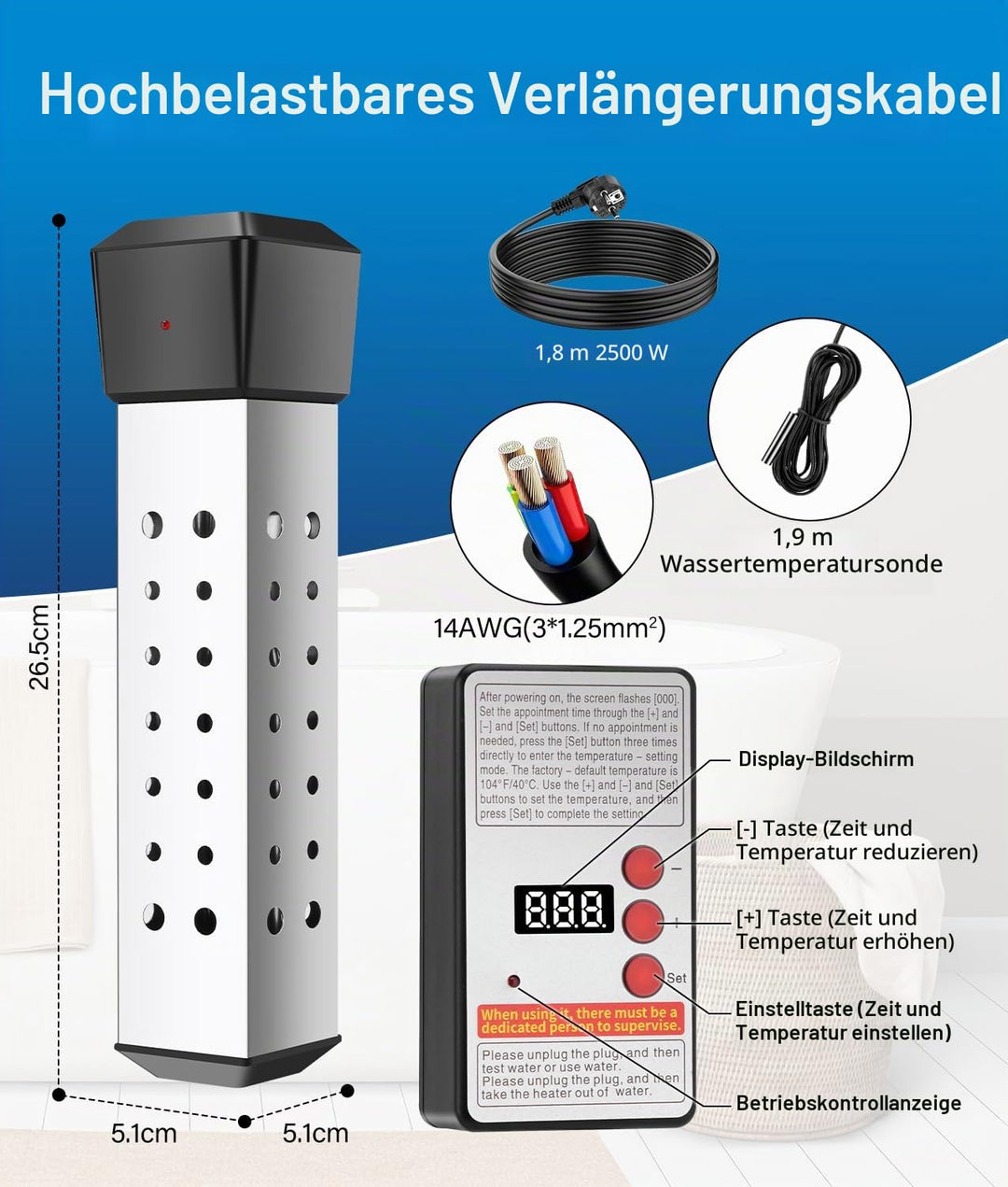 WADEO Tauchsieder Wasserkocher mit Wärmeisolierter Griff, Elektrischer Tauchwasserbereiter Wassererh