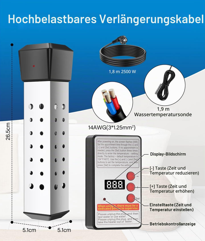 WADEO Tauchsieder Wasserkocher mit Wärmeisolierter Griff, Elektrischer Tauchwasserbereiter Wassererh