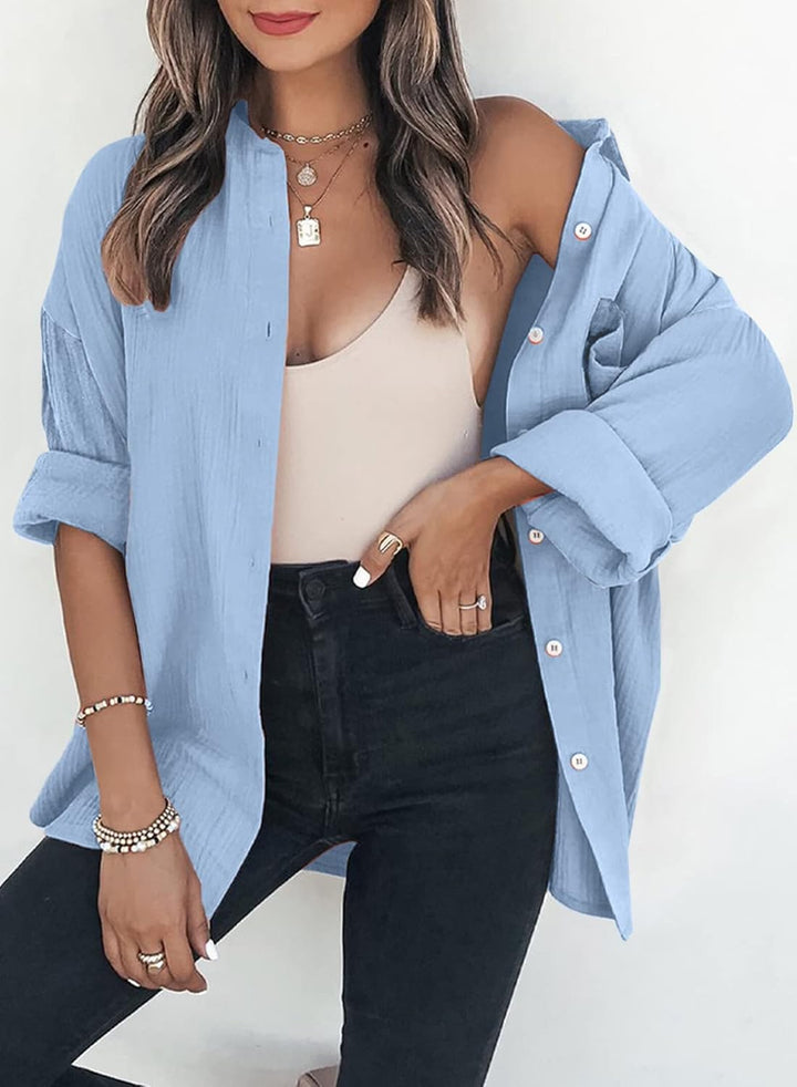 Dokotoo Bluse Damen Musselin Langarmshirt Baumwolle Lässig Oberteile Hemd Langarm Einfarbig Tops Far