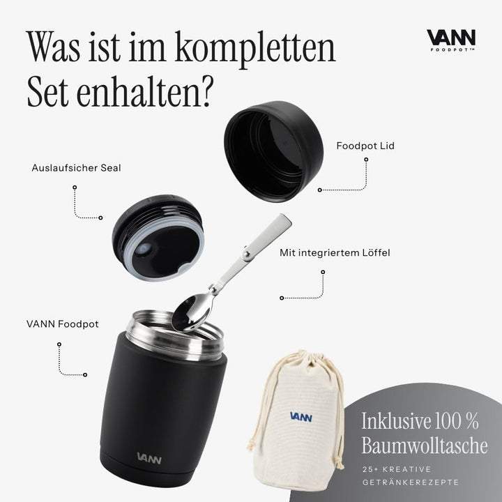 VANN Thermobecher für Essen 450 ml – Thermobehälter [16h kalt, 9h warm] – Recycelte Edelstahl Thermo