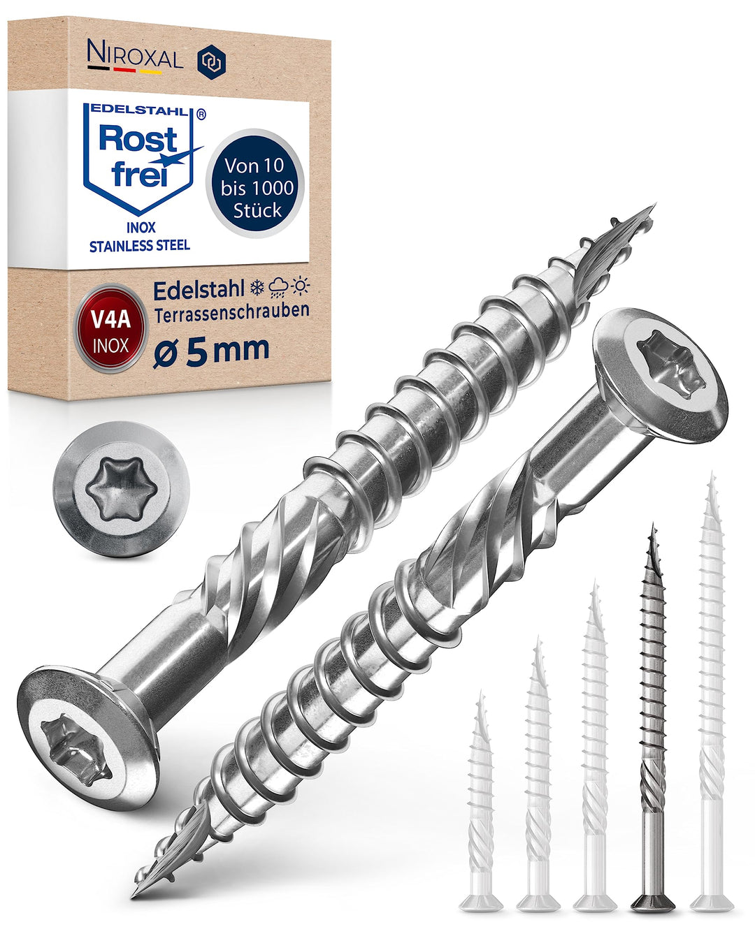 Terrassenschrauben 5x70 Edelstahl A4 Linsenkopfschrauben Torx Schrauben 5mm stark 100 Stück Holzschr