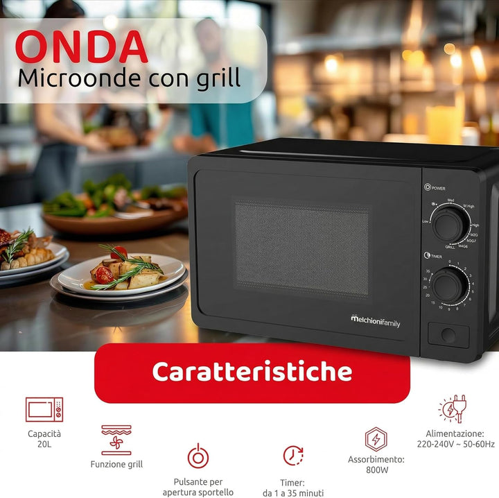 Melchioni Family Mikrowelle 20 l mit Grill – Wave – 800 W – Abmessungen 46 x 32 x 26 cm – Timer 1–35