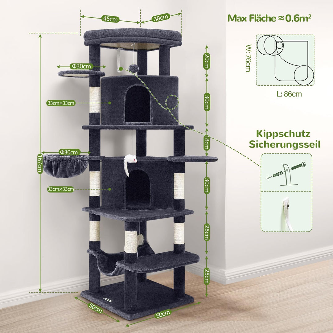 Globlazer Kratzbaum Katzen, Eckkratzbaum Stabil hoch 167 cm mit 2 Sektor Katzenhaus, Gepolsterte Pla