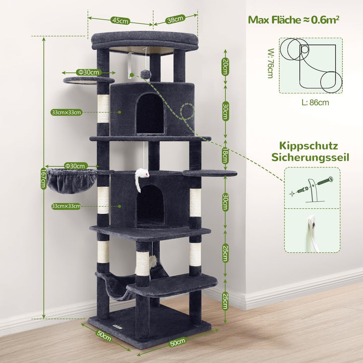 Globlazer Kratzbaum Katzen, Eckkratzbaum Stabil hoch 167 cm mit 2 Sektor Katzenhaus, Gepolsterte Pla