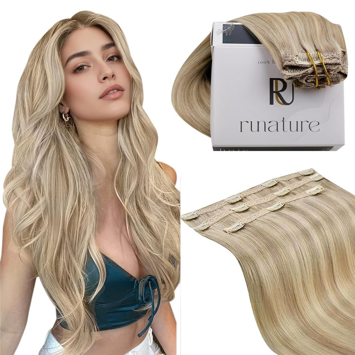 RUNATURE Clip in Extensions Echthaar Dunkel Aschblond mit Goldblond Clip in Haarextension Echthaar C