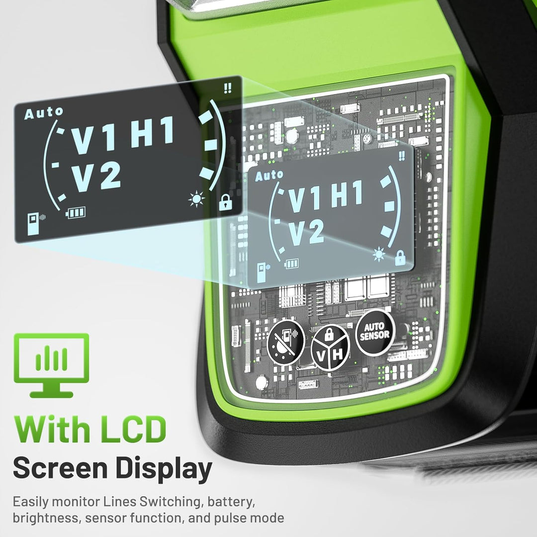 Huepar Laser-Wasserwaage, 3 x 360, selbstnivellierendes Laser-Werkzeug mit grünem Strahl, LCD-Bildsc