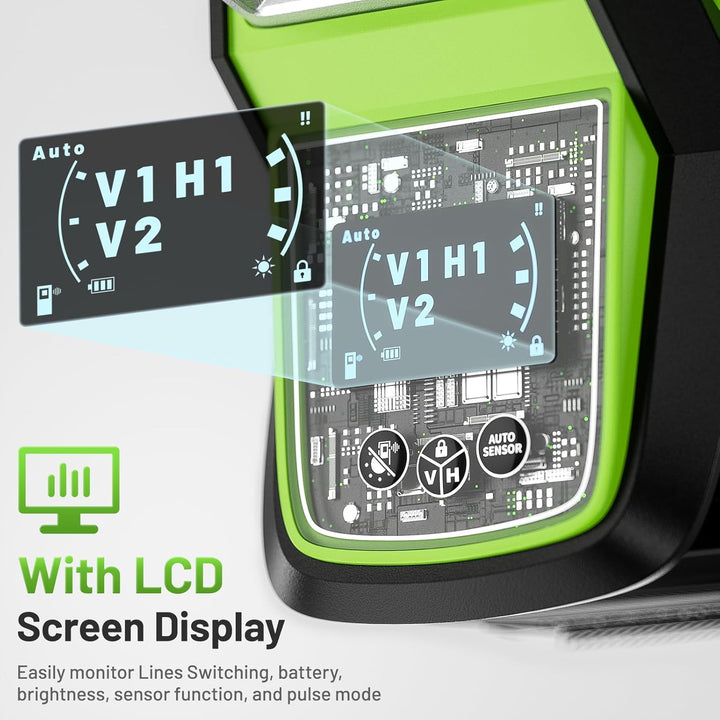Huepar Laser-Wasserwaage, 3 x 360, selbstnivellierendes Laser-Werkzeug mit grünem Strahl, LCD-Bildsc