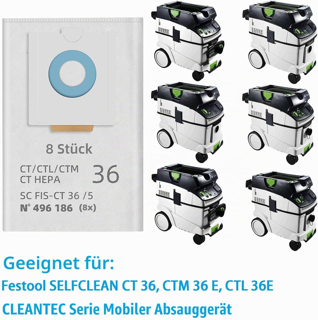 8 Stück Staubbeutel Zubehör für Festool SELFCLEAN CT 36 / CTM 36 E/CTL 36E CLEANTEC Serie Absaugmobi