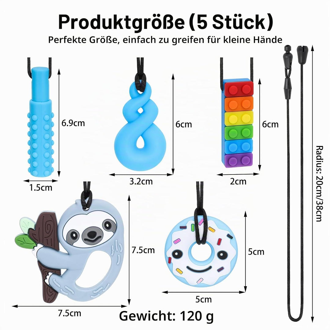 Beissringe 5er Set | Sensorische Kauketten für Kinder ab 3 Monate | BPA-frei Kaukette Halskette für