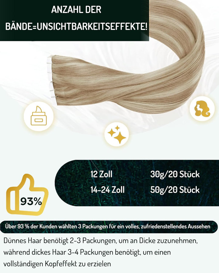 RUNATURE Blond Tape Echthaar Extensions 45cm Aschblond mit Platinblond Tape in Haarverlangerung Remy