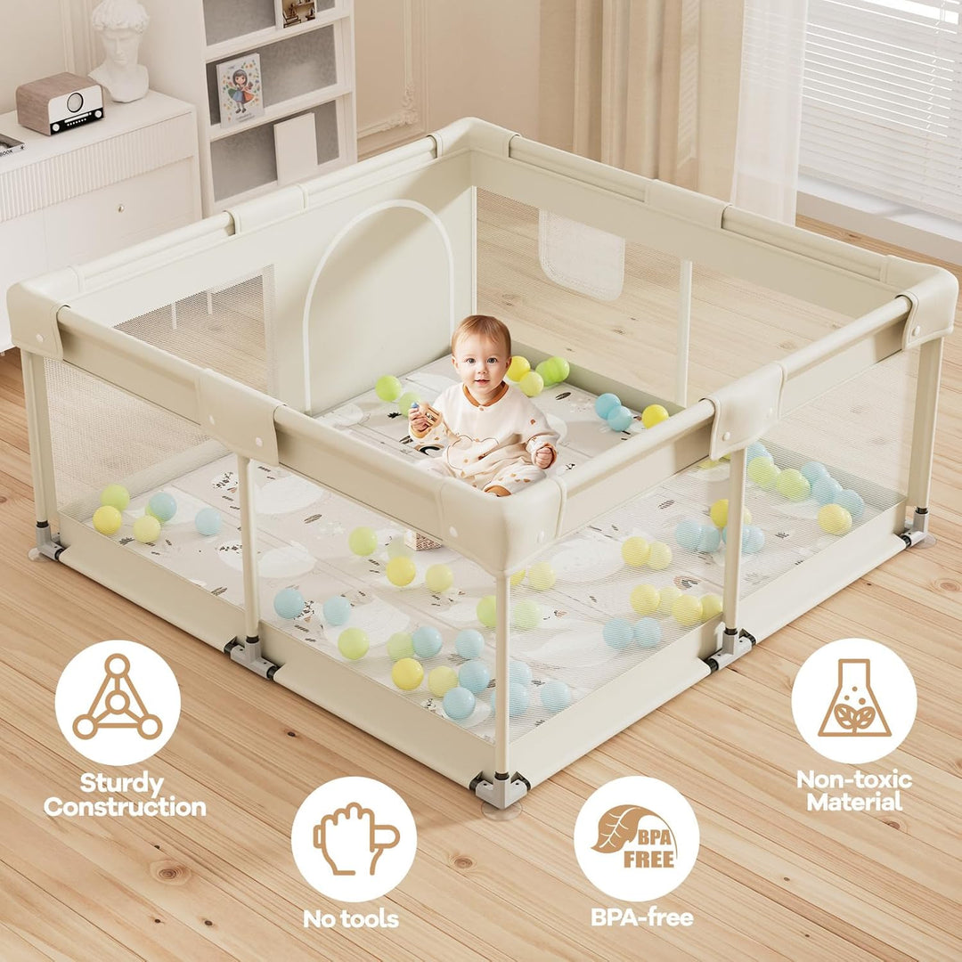 Laufstall Baby mit Matratze, Beige 120x120 Kleines Laufgitter Baby mit Matte, Laufstall für Apartmen