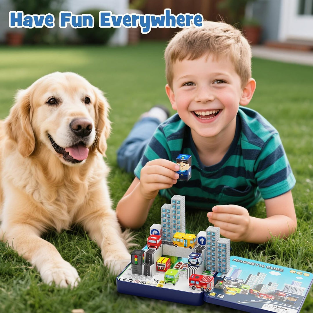 Magnetische Bausteine Stadtverkehr Set, Reisespielzeug für Kinder STEM Spielzeuge Reise Lerngeschenk