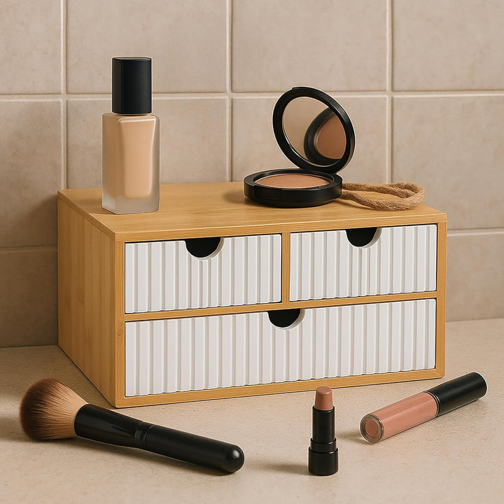 Relaxdays Schubladenbox, Bambus & MDF, 3 geriffelte Schubladen, HBT: 15 x 30 x 20 cm, Schreibtisch O