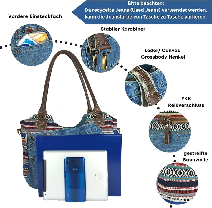 Sunsa Damen Nachhaltige Handtasche aus recycelte Jeans Canvas & Leder. Vintage Still grosse Schulter