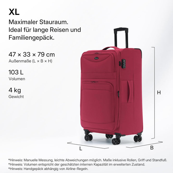 Stoffkoffer erweiterbar mit Frontfächern,15% Extra-Volumen, TSA-Schloss, 360° Doppelrollen & verdeck