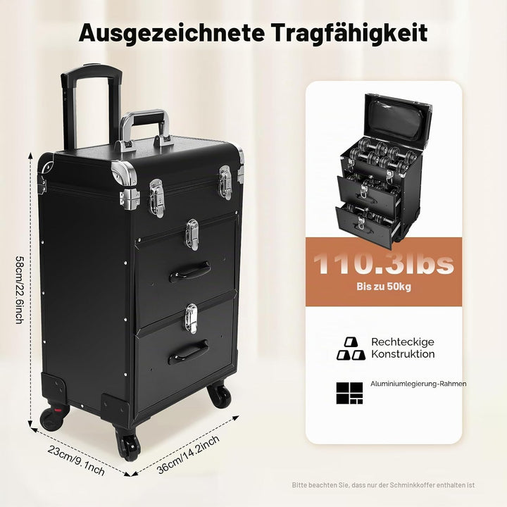 3 Schichten Kosmetikkoffer Trolley, Make Up Koffer Mit 2 Schubladen und 2 Schloss Friseurkoffer Gros