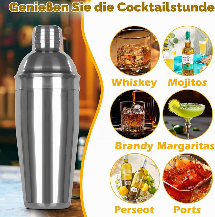 Cocktail Shaker Set,6 Stück Edelstahl Cocktails Mix Sets,750 ML cocktailshaker Glas,Gin coktailshake
