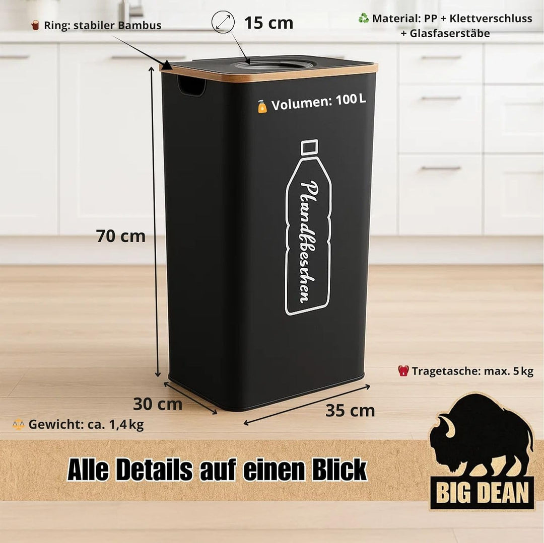 BigDean Pfandflaschen Sammelbehälter 100L inkl. Tragetasche - Flaschensammler Leergut