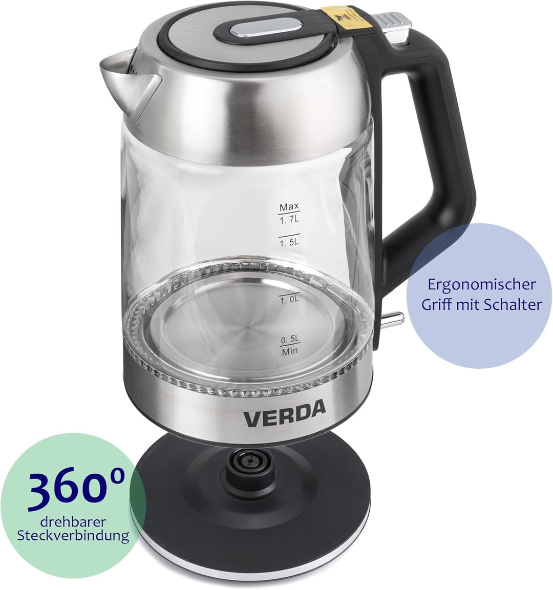 Wasserkocher 1,7L (2200W) Edelstahl, LED-Beleuchtung, Kalkfilter, OneTouch-Verschluss, Kabelaufwickl