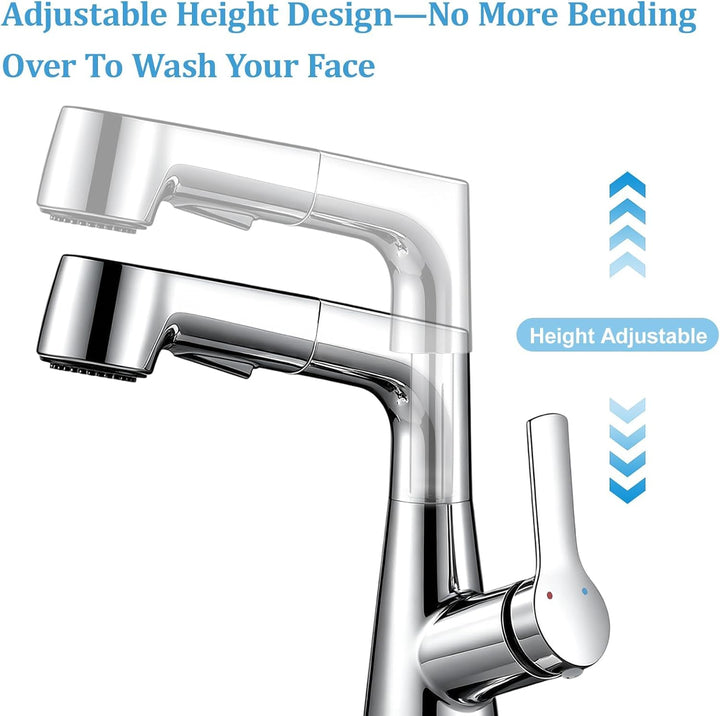 Wasserhahn Bad Höhenverstellbar 6cm Messing 360° Drehbar Chrom | Waschtischarmatur mit Herausziehbar