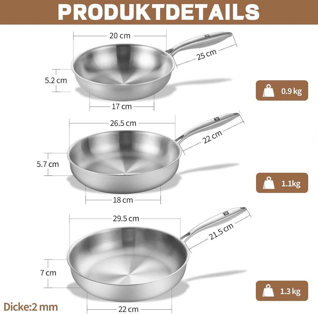 GOLDEN KEY Edelstahlpfanne Set 28 24 20 cm, Bratpfannen Edelstahl Induktion unbeschichtet, Edelstahl