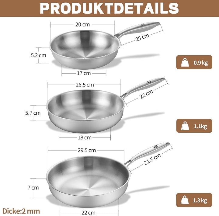 GOLDEN KEY Edelstahlpfanne Set 28 24 20 cm, Bratpfannen Edelstahl Induktion unbeschichtet, Edelstahl