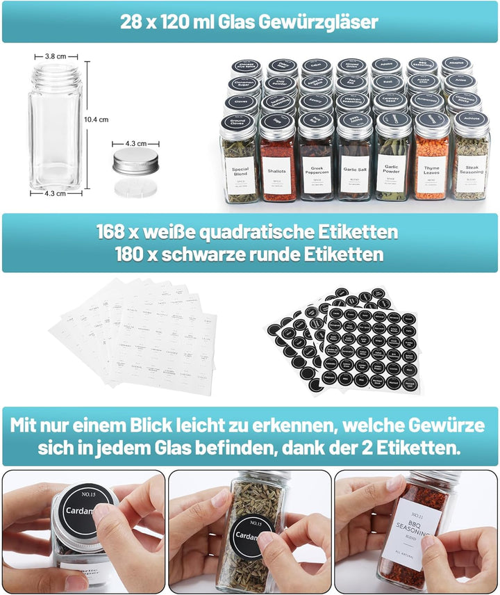 Schwarz Gewürzschubladen-Organizer mit 28 Gewürzgläsern, 348 Etiketten, Sieb- und Giessdeckeln mit l