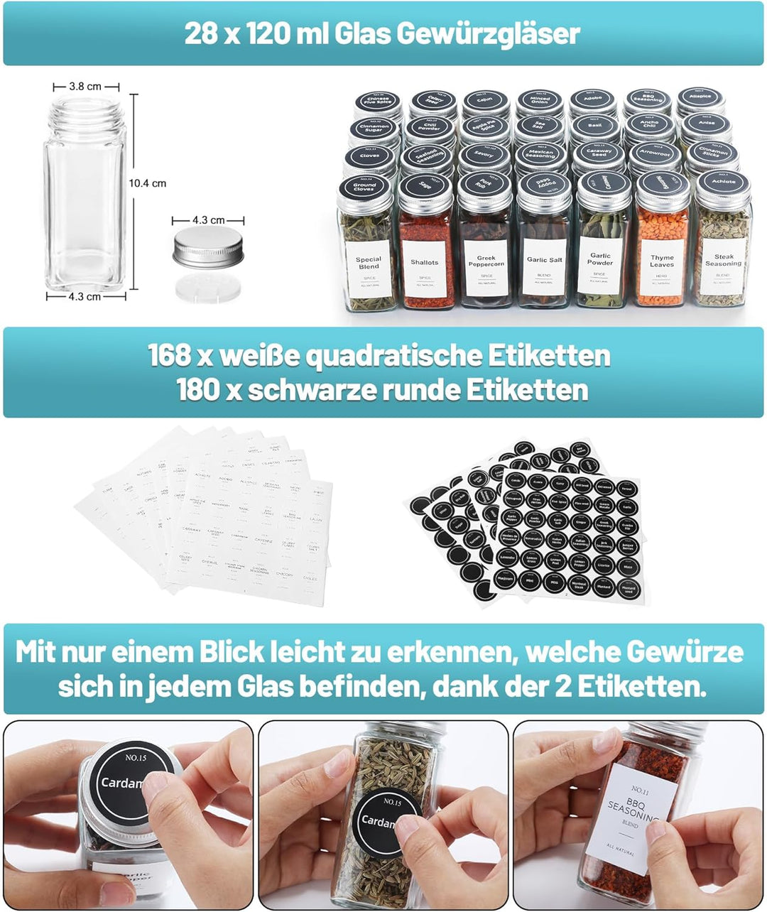 Viymgit Gewürzregal Schublade Organizer mit 28 Gewürzgläser, 348 Gewürzetiketten, 4-stöckiges Klares