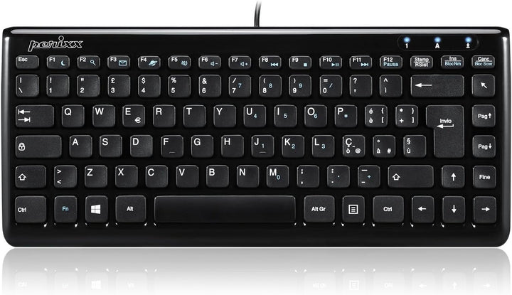 Perixx PERIBOARD-407 Mini-USB-Tastatur mit Kabel, Chiclet-Typ, ultradünn und tragbar, Schwarz, itali