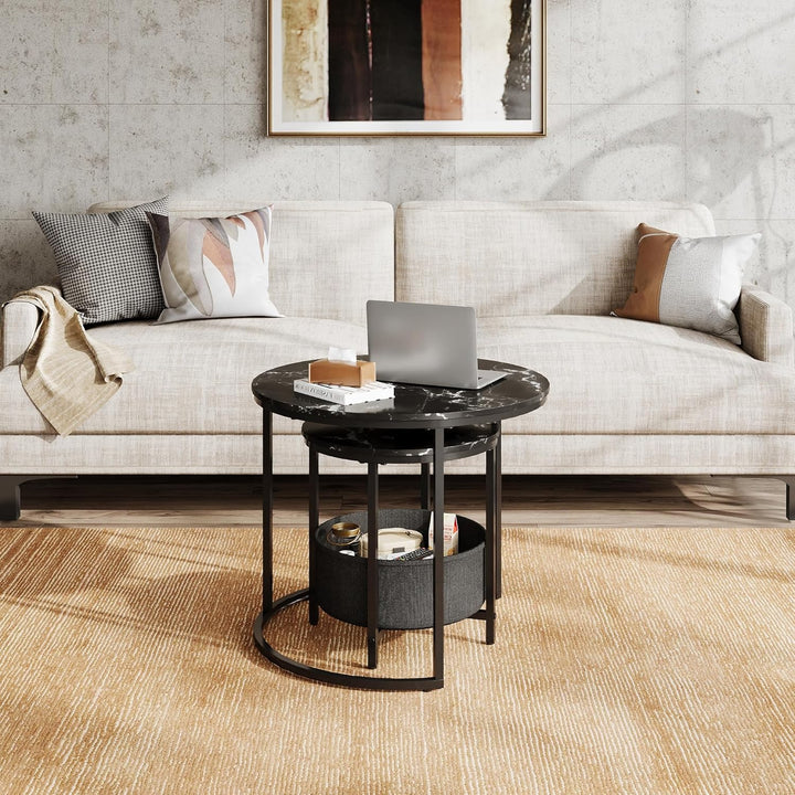 WLIVE Couchtisch Rund mit Stauraum, Beistelltisch Set Schwarz mit Metallrahmen, Wohnzimmertisch klei