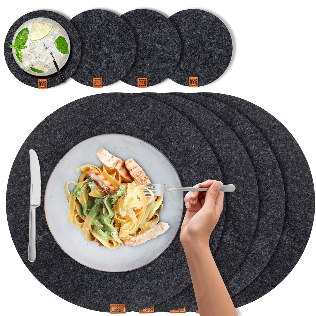 MIQIO® Design Runde Tischsets aus Filz abwaschbar | Mit Echtleder Markenlabel und Glasuntersetzer |