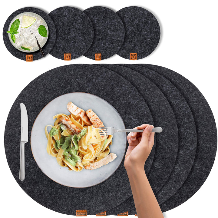 MIQIO® Design Runde Tischsets aus Filz abwaschbar | Mit Echtleder Markenlabel und Glasuntersetzer |
