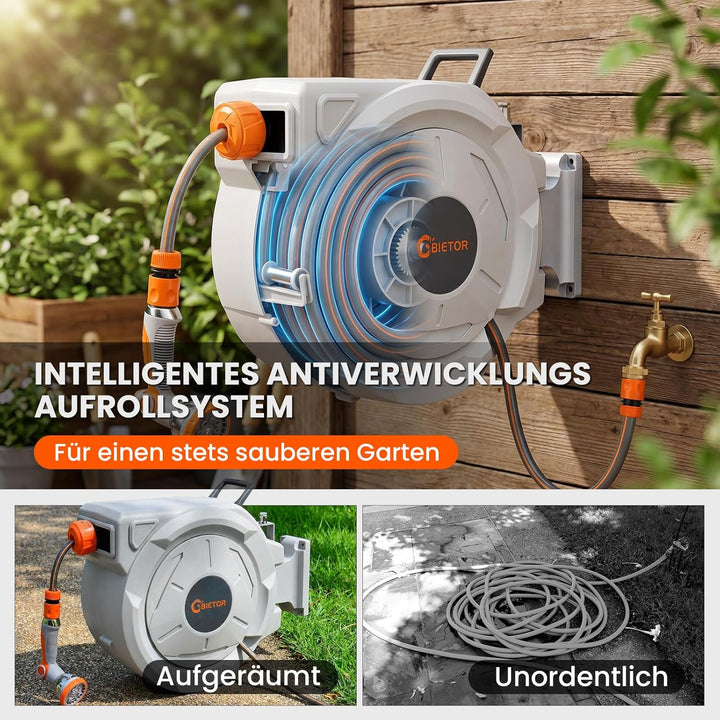 Schlauchtrommel Wasser 30m + 2m, 180° Schwenkbar Wand-Schlauchbox, Automatischer Gartenschlauch trom