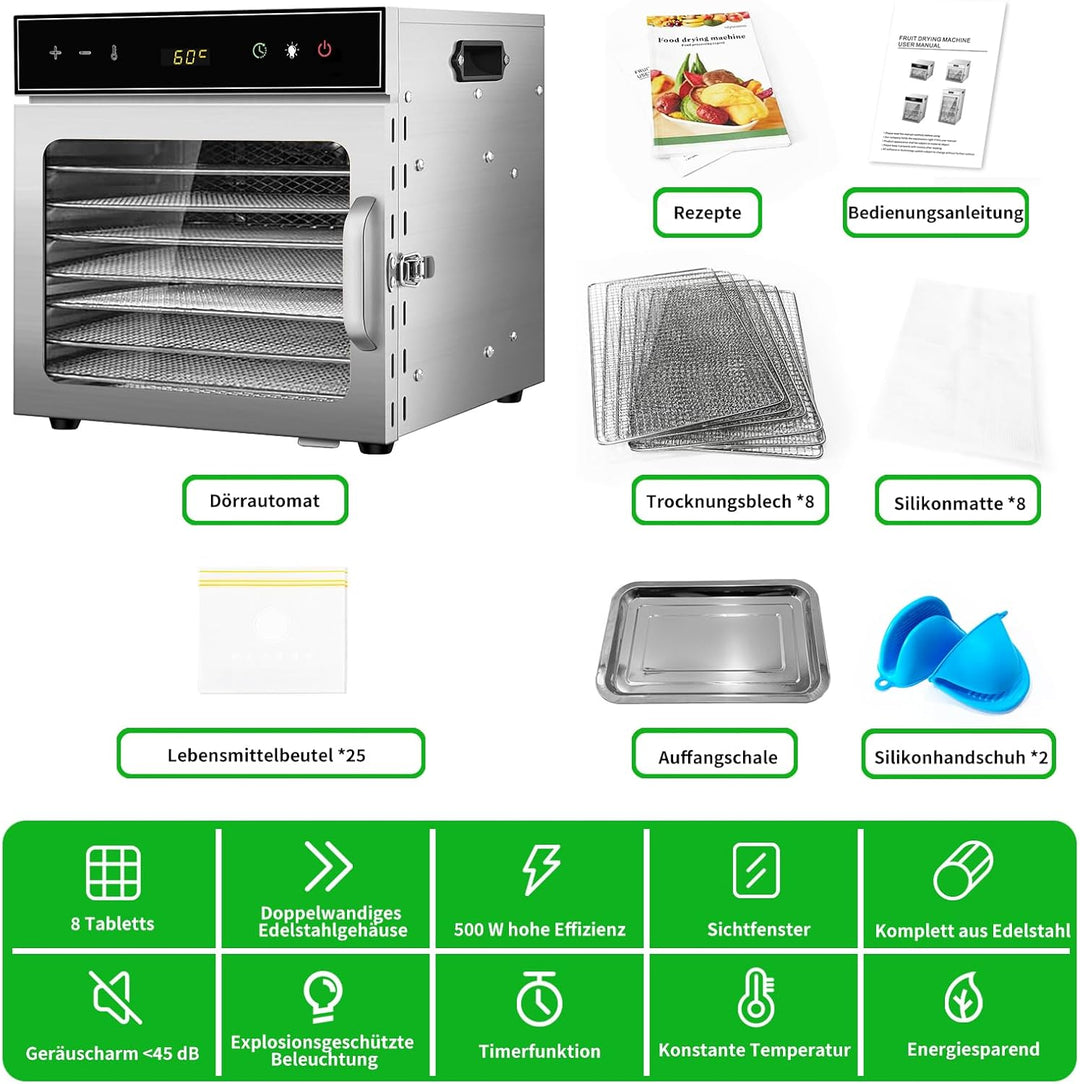 Dörrautomat Edelstahl mit Rezeptheft 8 Etagen, oiyocemo 500W Edelstahl Lebensmittel Dehydrator mit 3