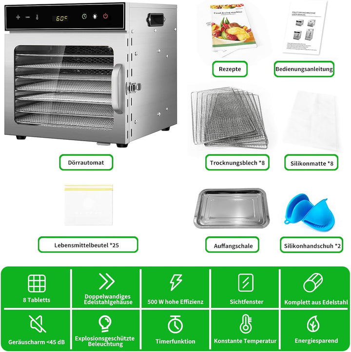 Dörrautomat Edelstahl mit Rezeptheft 8 Etagen, oiyocemo 500W Edelstahl Lebensmittel Dehydrator mit 3